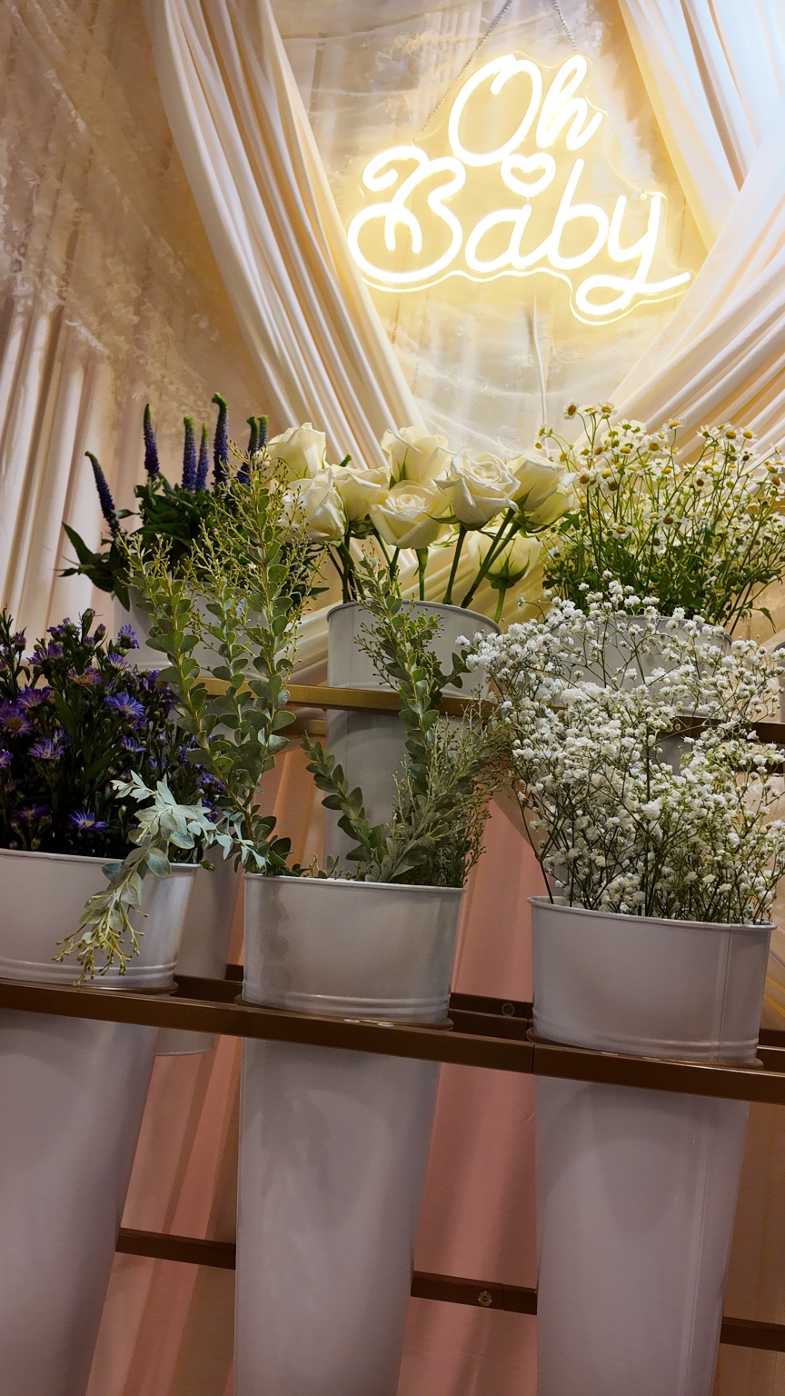 White rose Bloom Bar styled for a baby celebration