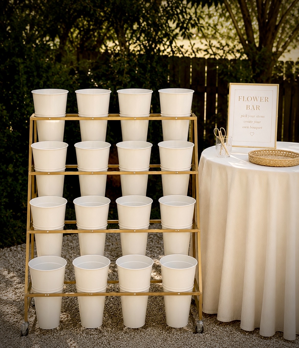 Mystic Blooms gold and white Bloom Bar display ready for flowers